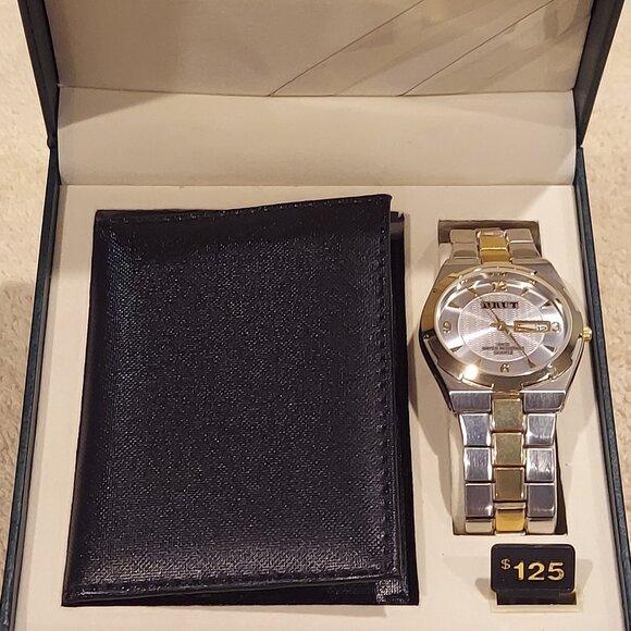 NIB BRUT STAINLESS STEEL QUARTZ WATCH & CARD WALLET SET - Picture 2 of 15